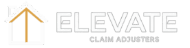 White logo of Elevate Claim Adjusters with house icon and bold uppercase text for dark backgrounds