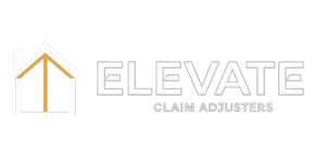 White logo of Elevate Claim Adjusters with house icon and bold uppercase text for dark backgrounds